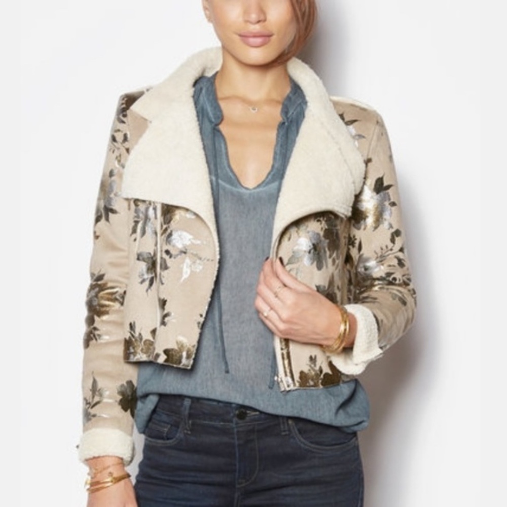 Goldie Metallic Floral Printed Sherpa Faux Suede Jacket XS